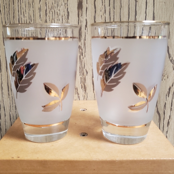 Libbey Dining Vtg Mcm 2 Libbey Barware Gold Leaves Frosted Glass